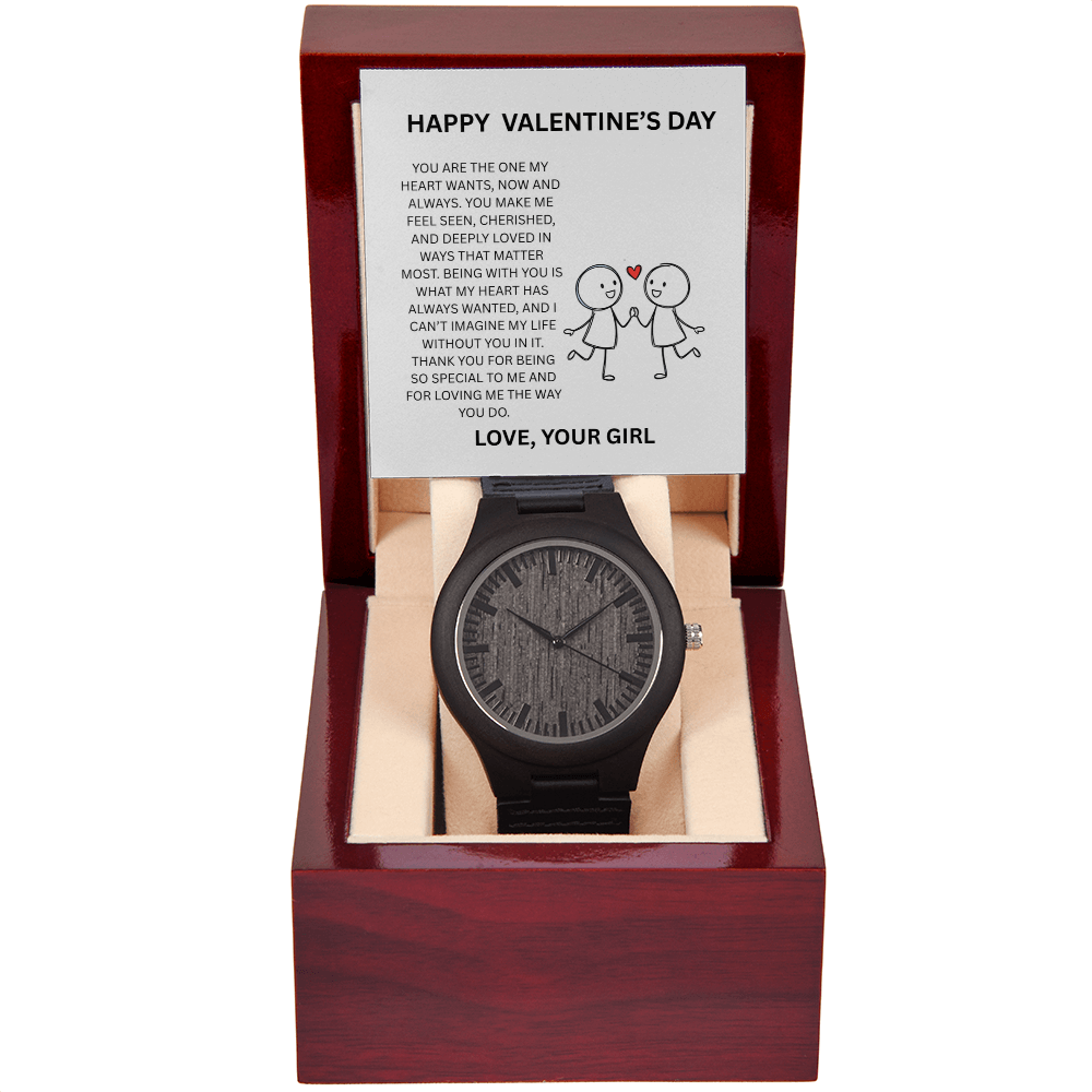 Valentine's Day Wooden Watch for Men – Gift for Boyfriend with Message Card