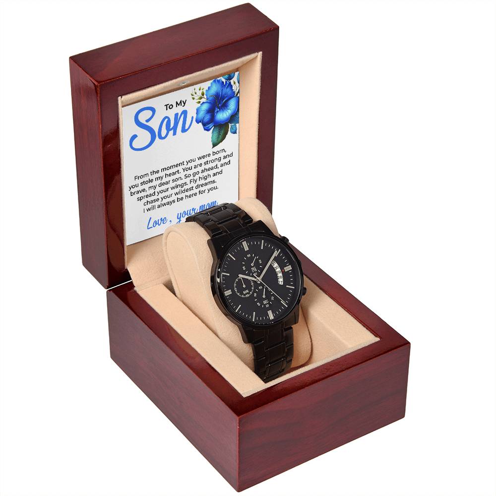 To My Dear Son | Black Chronograph Watch Gift from Mom | Sophisticated Gift for Son