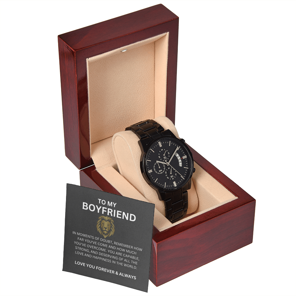 To My Boyfriend — Black Chronograph Watch Gift with Heartfelt Message Card