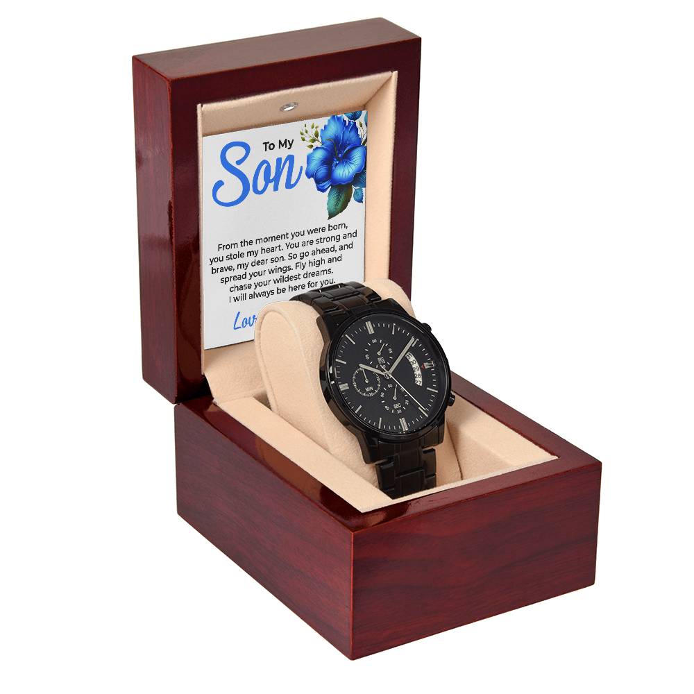 To My Dear Son | Black Chronograph Watch Gift from Mom | Sophisticated Gift for Son