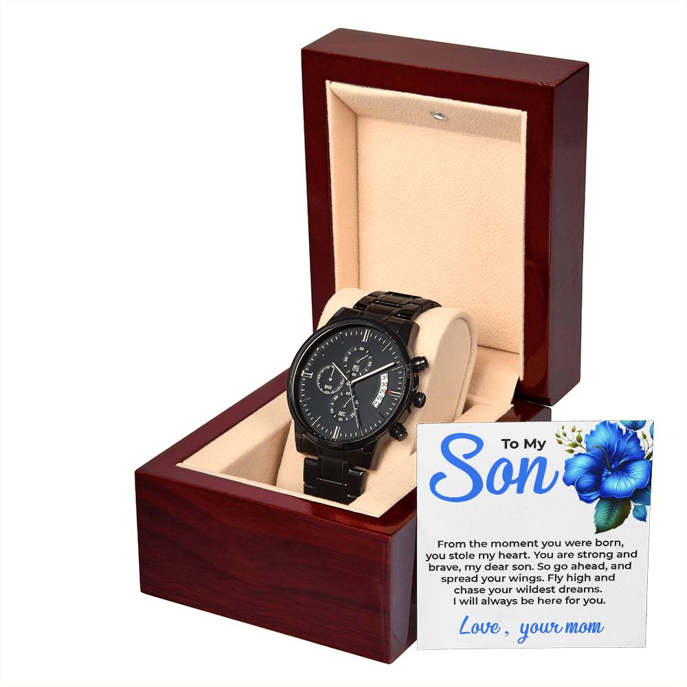 To My Dear Son | Black Chronograph Watch Gift from Mom | Sophisticated Gift for Son