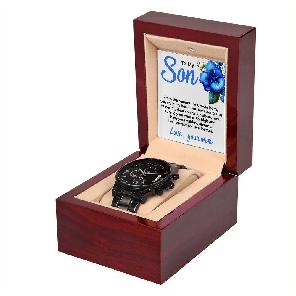 To My Dear Son | Black Chronograph Watch Gift from Mom | Sophisticated Gift for Son