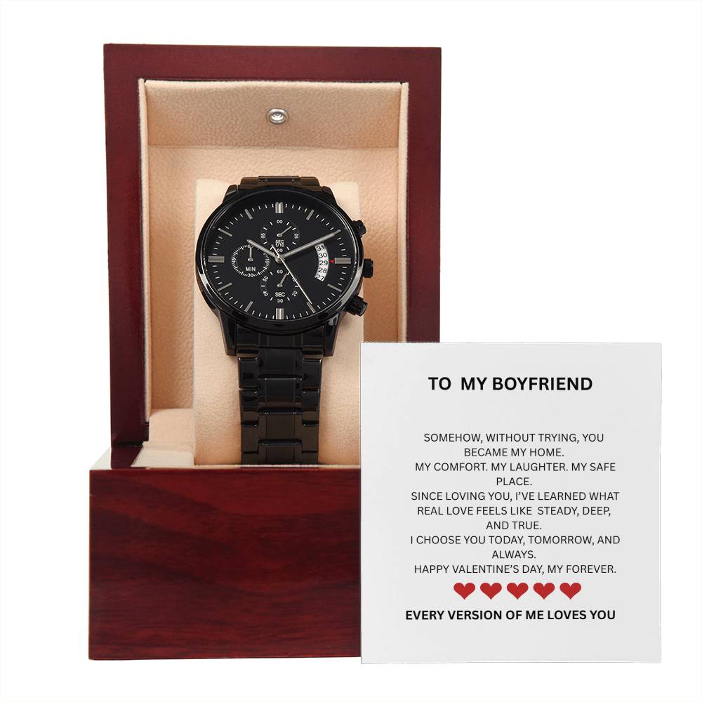 To My Boyfriend – Black Chronograph Watch with Valentine’s Message Card