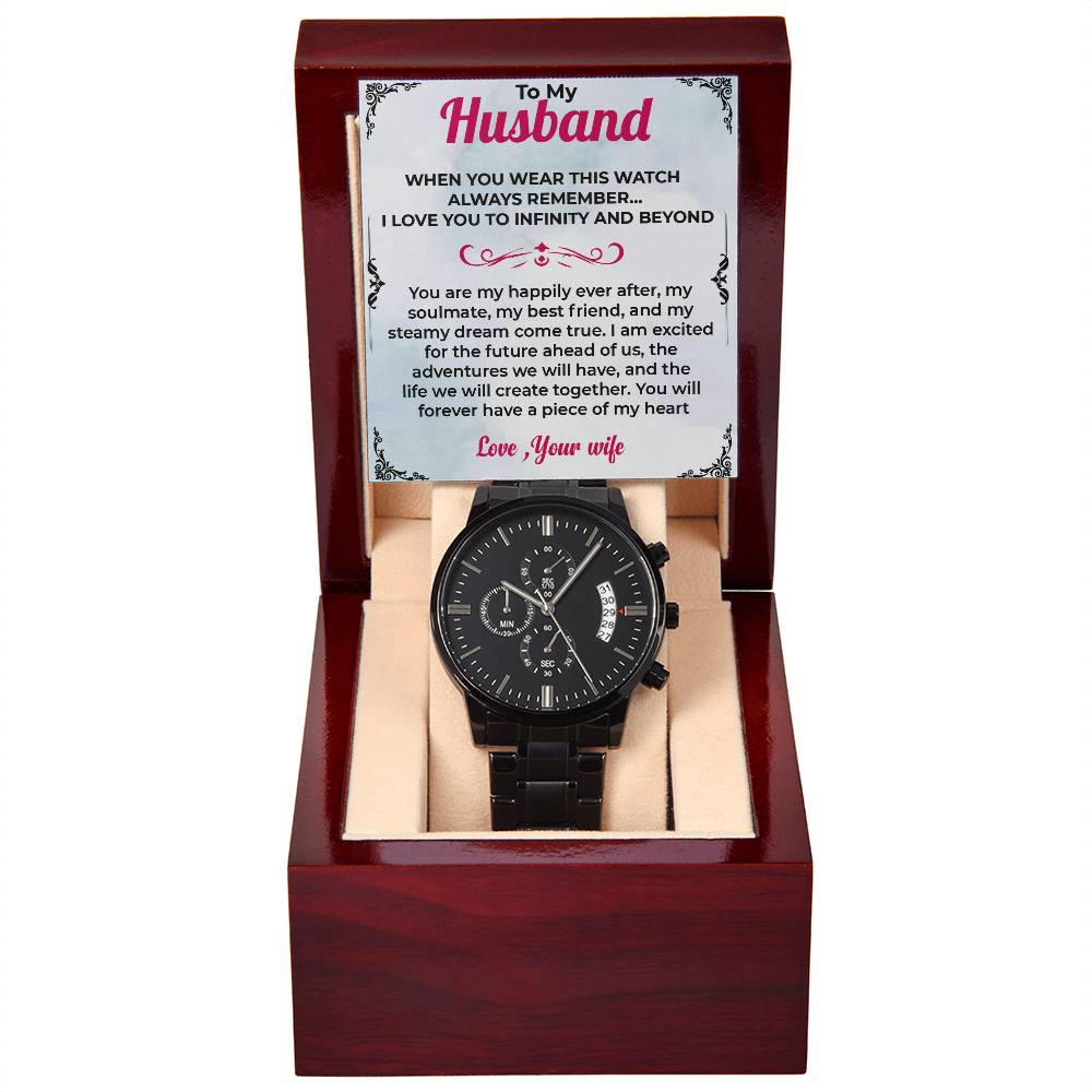 To My Husband | Sleek Black Chronograph Watch Gift | Gift For Him