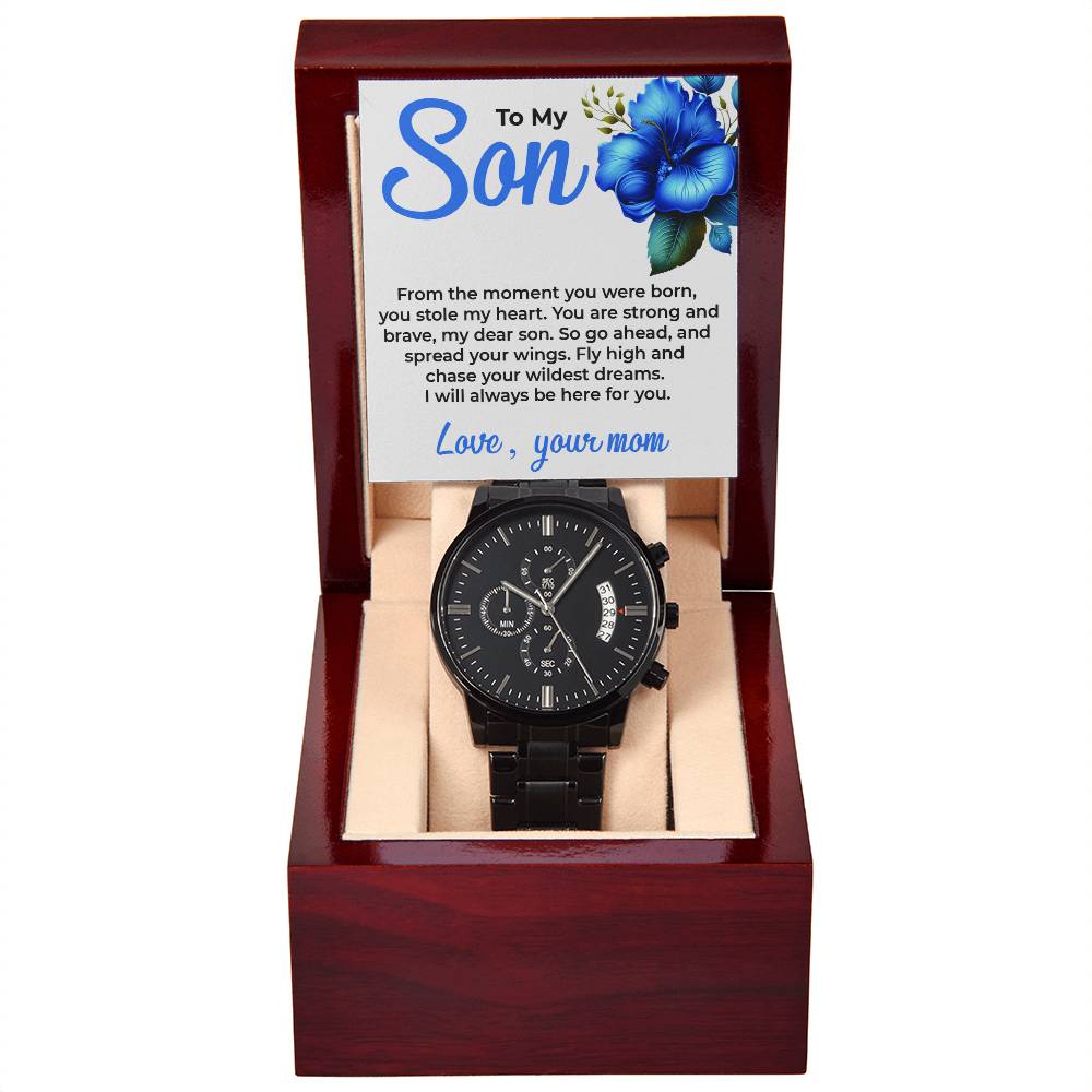To My Dear Son | Black Chronograph Watch Gift from Mom | Sophisticated Gift for Son