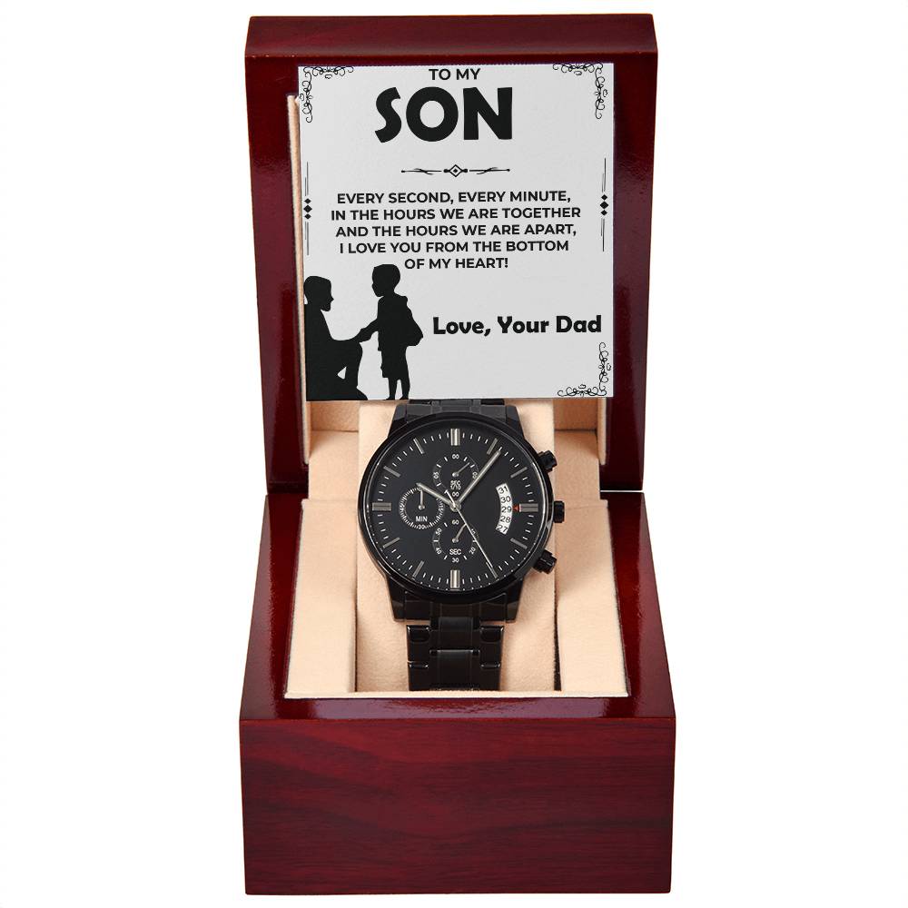 Dear Son | Black Chronograph Watch Gift from Dad | Elegant Timepiece for Son
