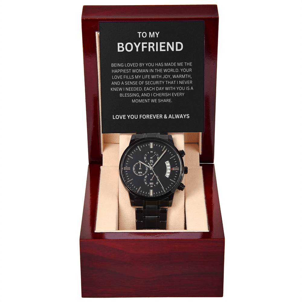 Premium Black Chronograph Watch for Boyfriend with Heartfelt Message Card