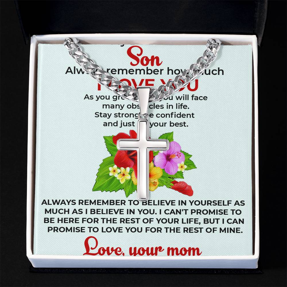 To My Beautiful Boy | Cuban Link Chain with Artisan Cross Necklace from Mom
