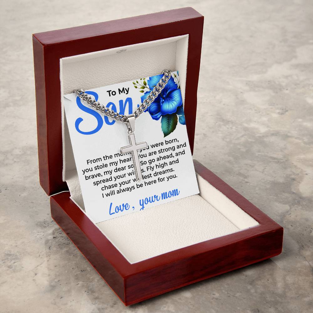 To My Dear Son | Cuban Link Chain with Artisan Cross Necklace from Mom