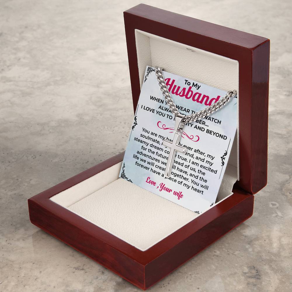 To My Husband | Cuban Link Chain with Artisan Cross Necklace Gift for Him