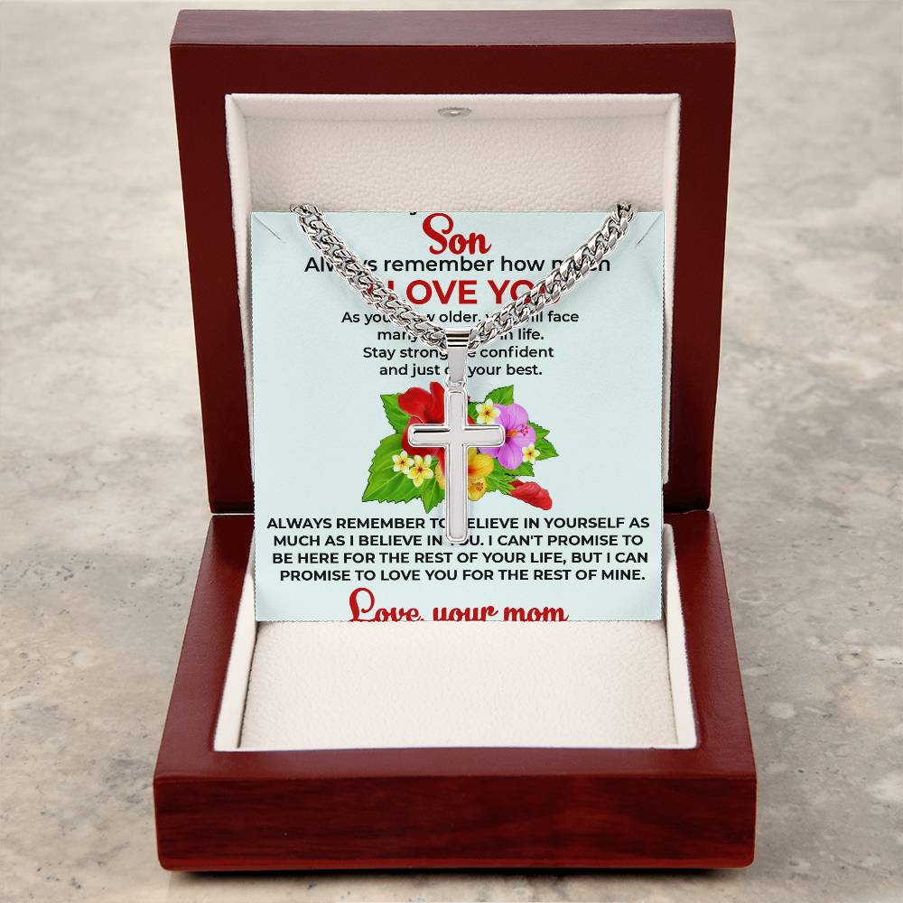 To My Beautiful Boy | Cuban Link Chain with Artisan Cross Necklace from Mom