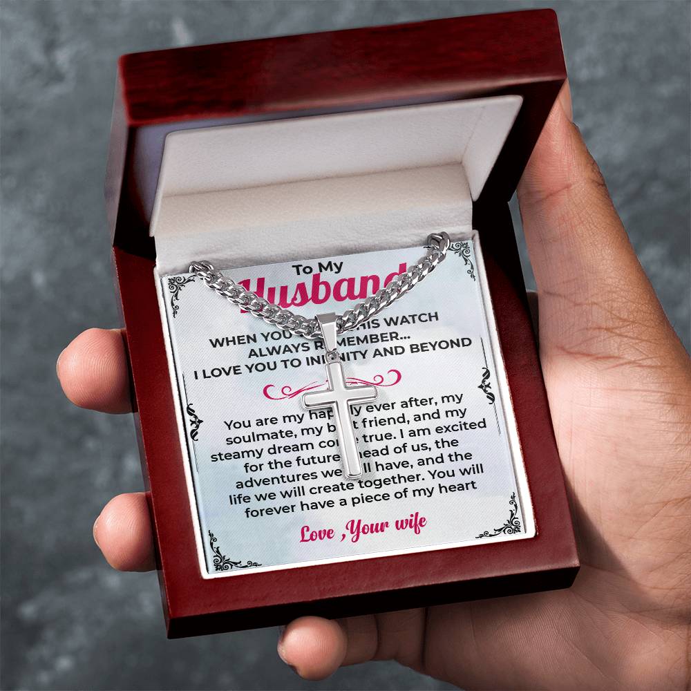 To My Husband | Cuban Link Chain with Artisan Cross Necklace Gift for Him