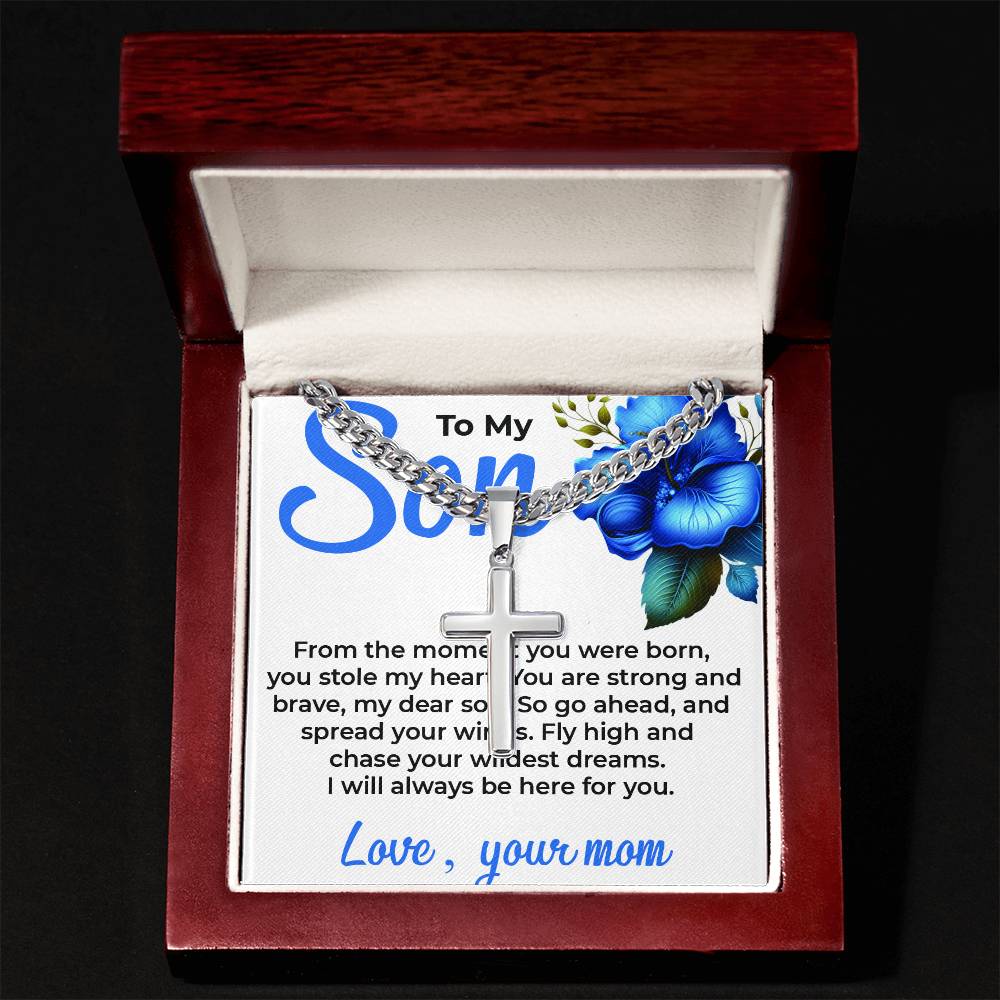To My Dear Son | Cuban Link Chain with Artisan Cross Necklace from Mom