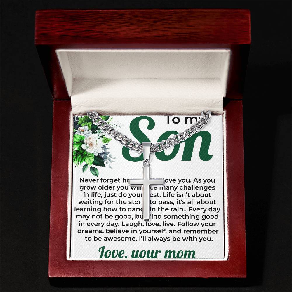 To My Lovely Boy | Cuban Link Chain with Artisan Cross Necklace from Mom - SOUVMOUR