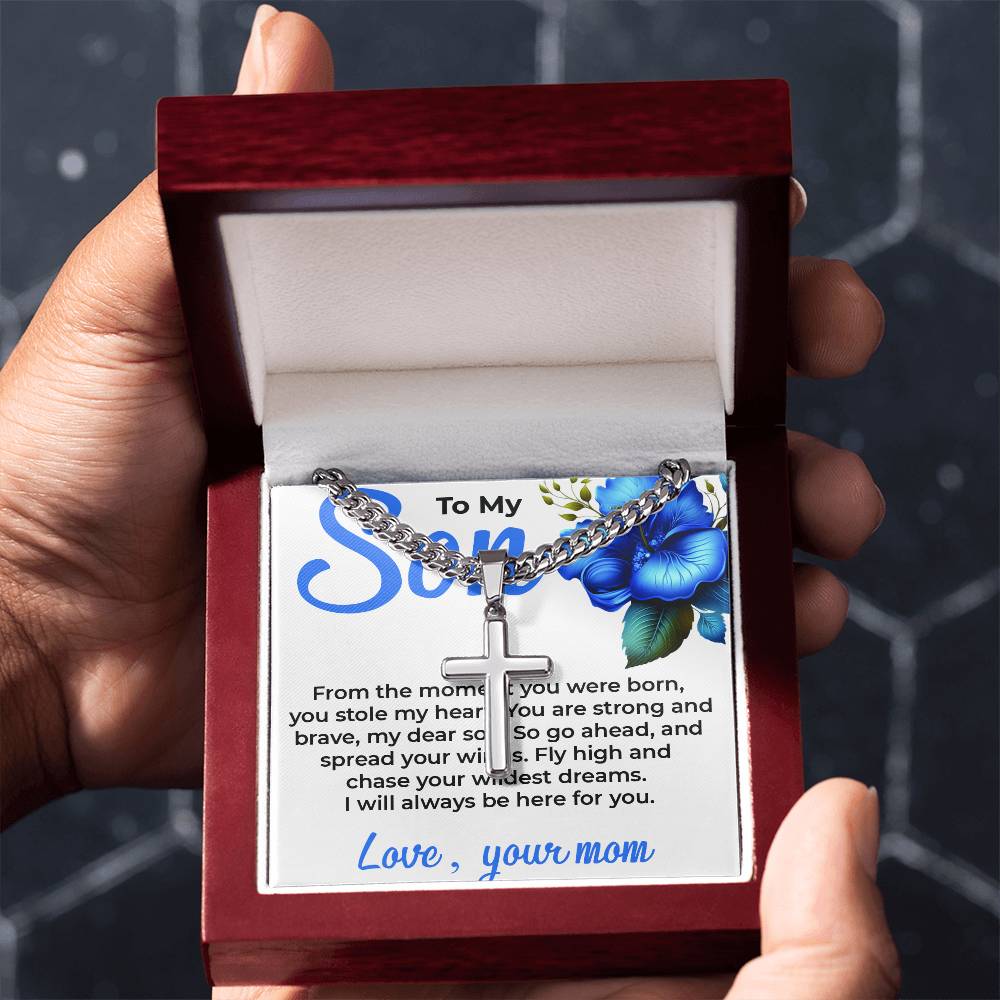 To My Dear Son | Cuban Link Chain with Artisan Cross Necklace from Mom
