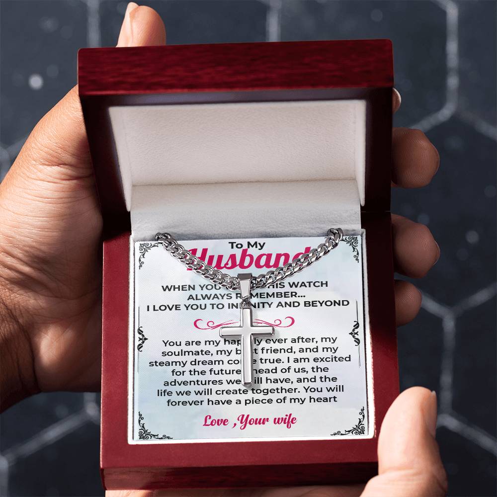 To My Husband | Cuban Link Chain with Artisan Cross Necklace Gift for Him