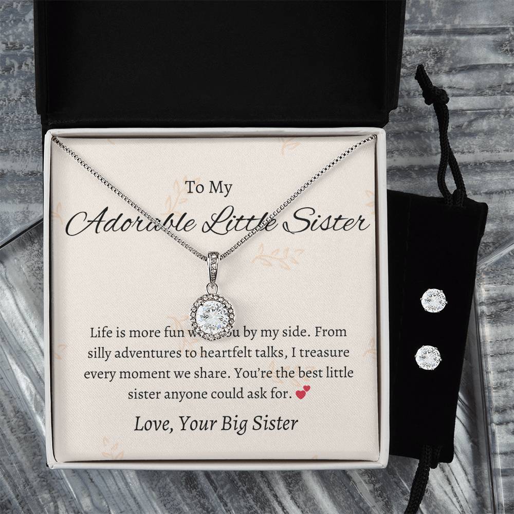 To My Adorable Little Sister – Necklace & Earring Set | A Heartwarming Token of Sisterly Love