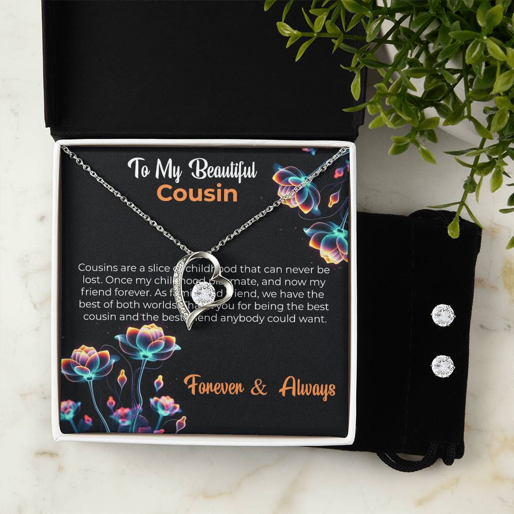 Cousin Necklace | To My Beautiful Cousin - Forever Love Necklace & Earring Set | Cousin Friendship Necklace