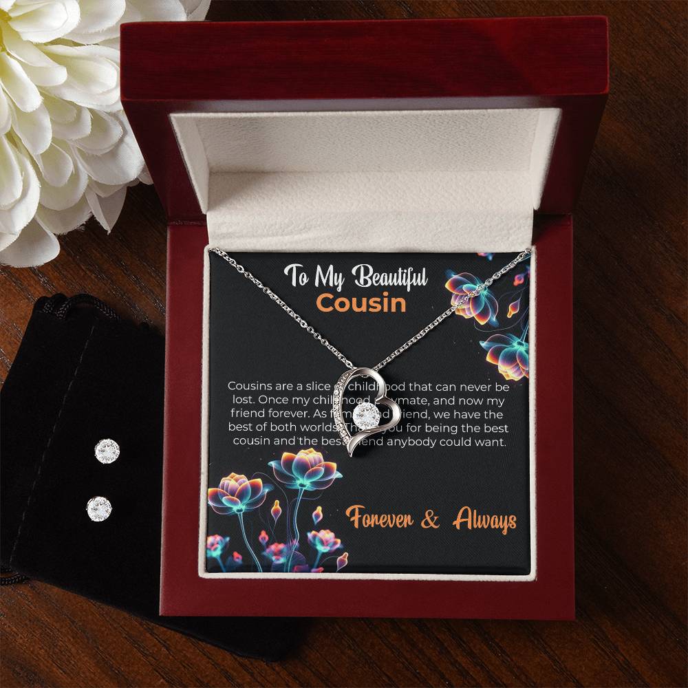 Cousin Necklace | To My Beautiful Cousin - Forever Love Necklace & Earring Set | Cousin Friendship Necklace