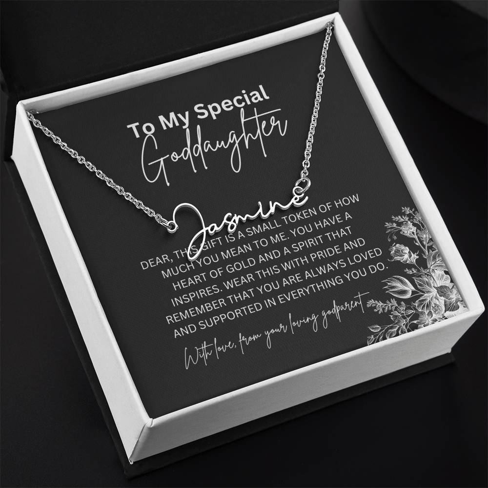 To My Special Goddaughter | Elegant Signature Name Necklace with a Heartfelt Message Card