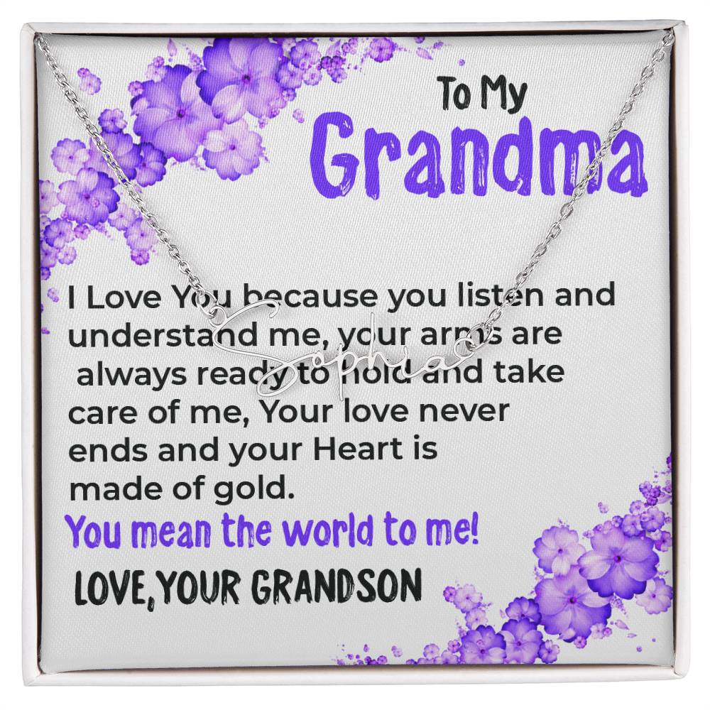 To My Grandma, My World | Signature Style Necklace Gift from Grandson | Gift for Grandma