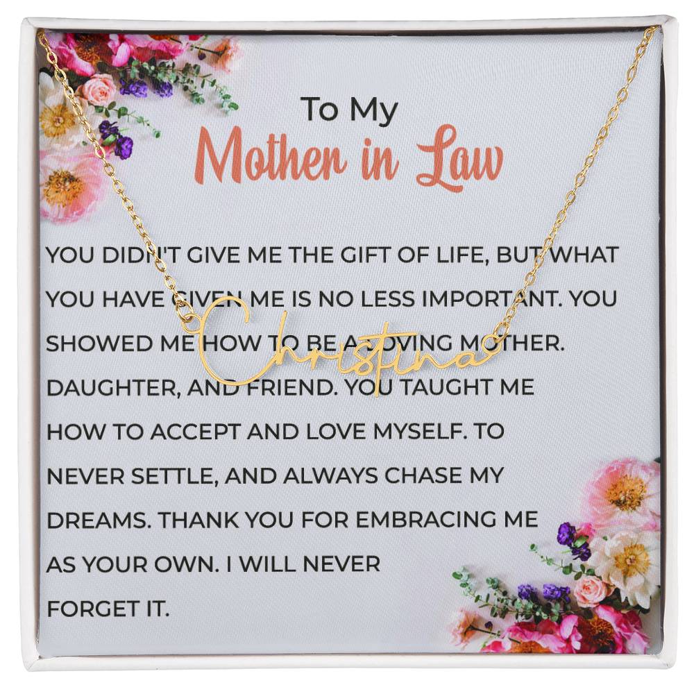 To My Cherished Mother-in-Law | Signature Style Personalized Name Necklace with Heartfelt Wishes