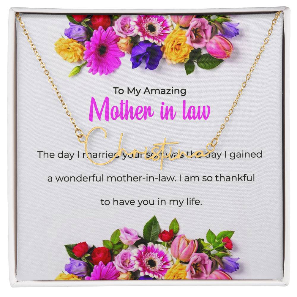 To My Amazing Mother-in-Law | Signature Style Personalized Name Necklace with Heartfelt Message