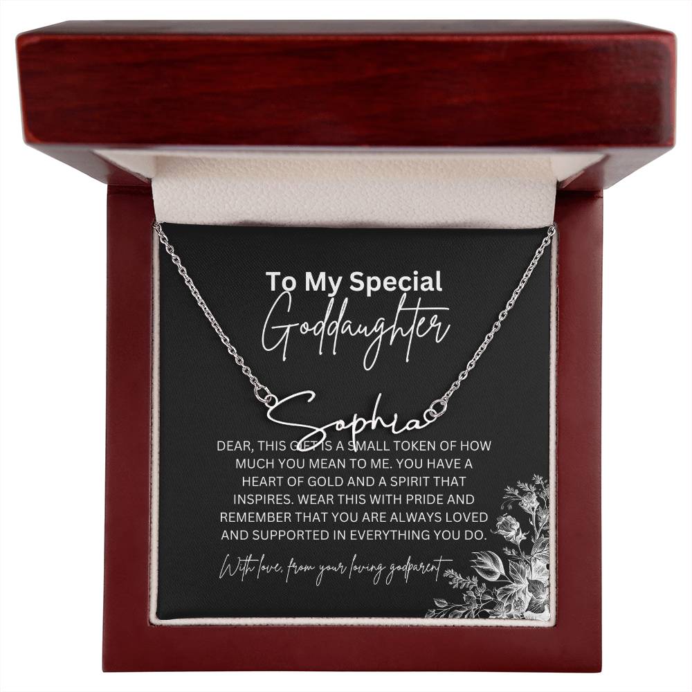 To My Special Goddaughter | Elegant Signature Name Necklace with a Heartfelt Message Card