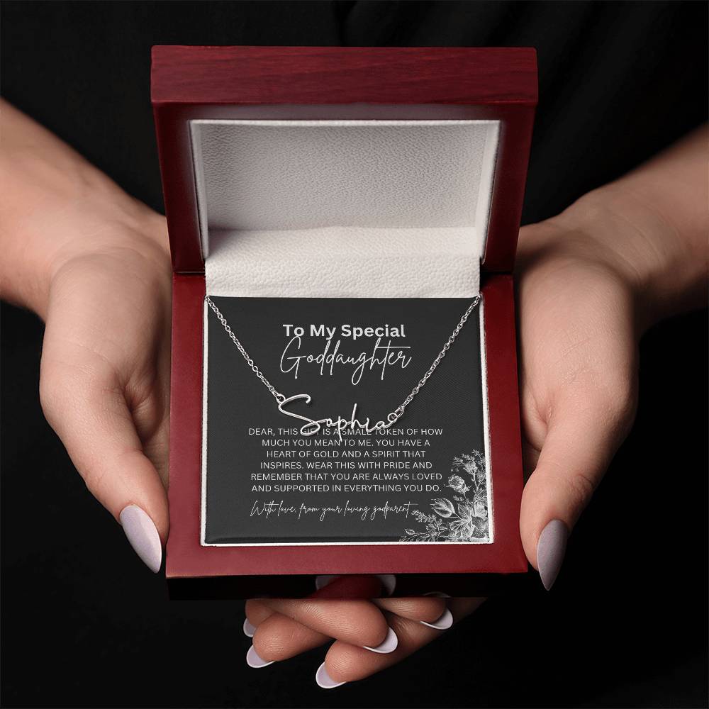 To My Special Goddaughter | Elegant Signature Name Necklace with a Heartfelt Message Card