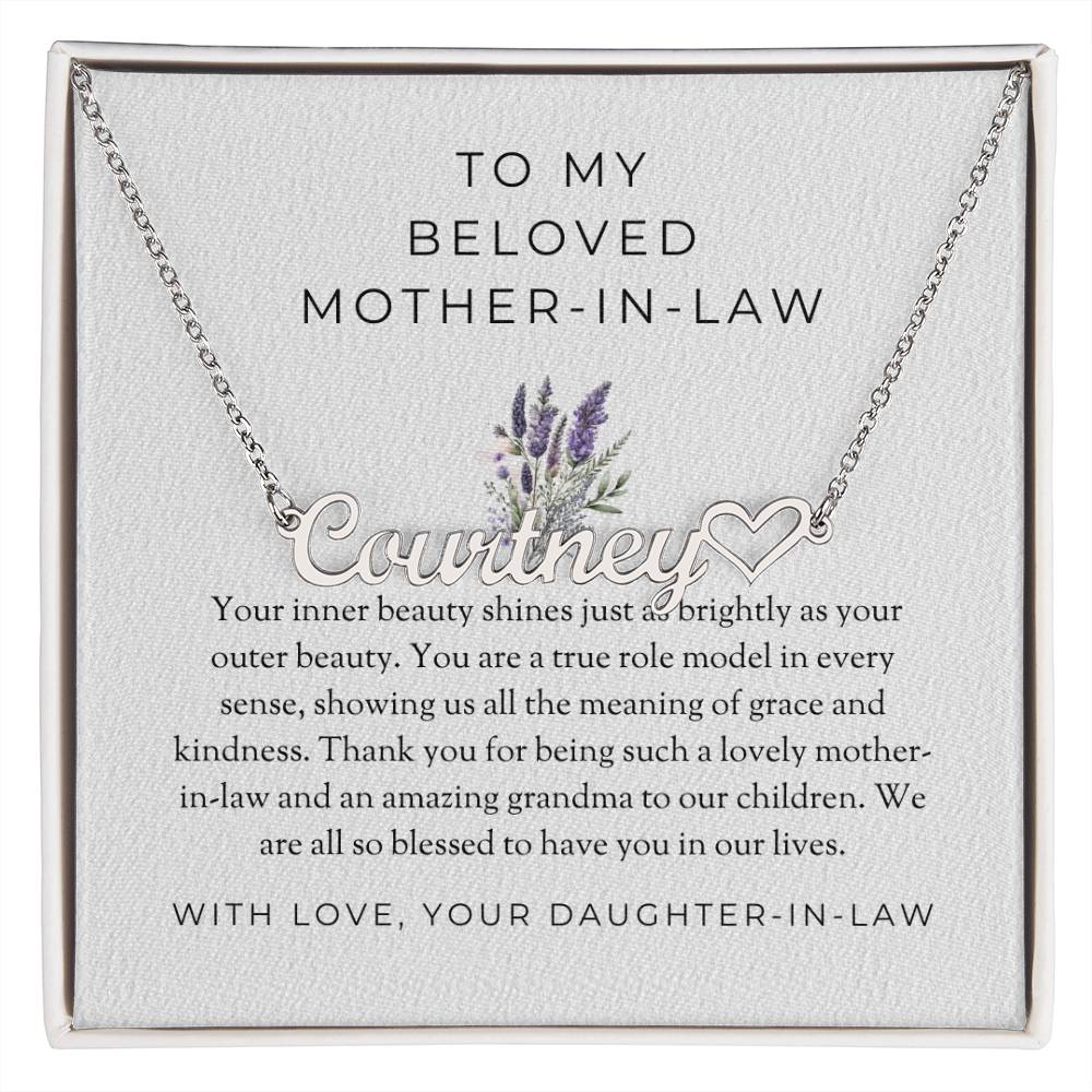 To My Beloved Mother-in-Law | Heart Name Necklace with Heartfelt MessageTo My Beloved Mother-in-Law | Heart-Shaped Custom Name Necklace with Heartfelt Message