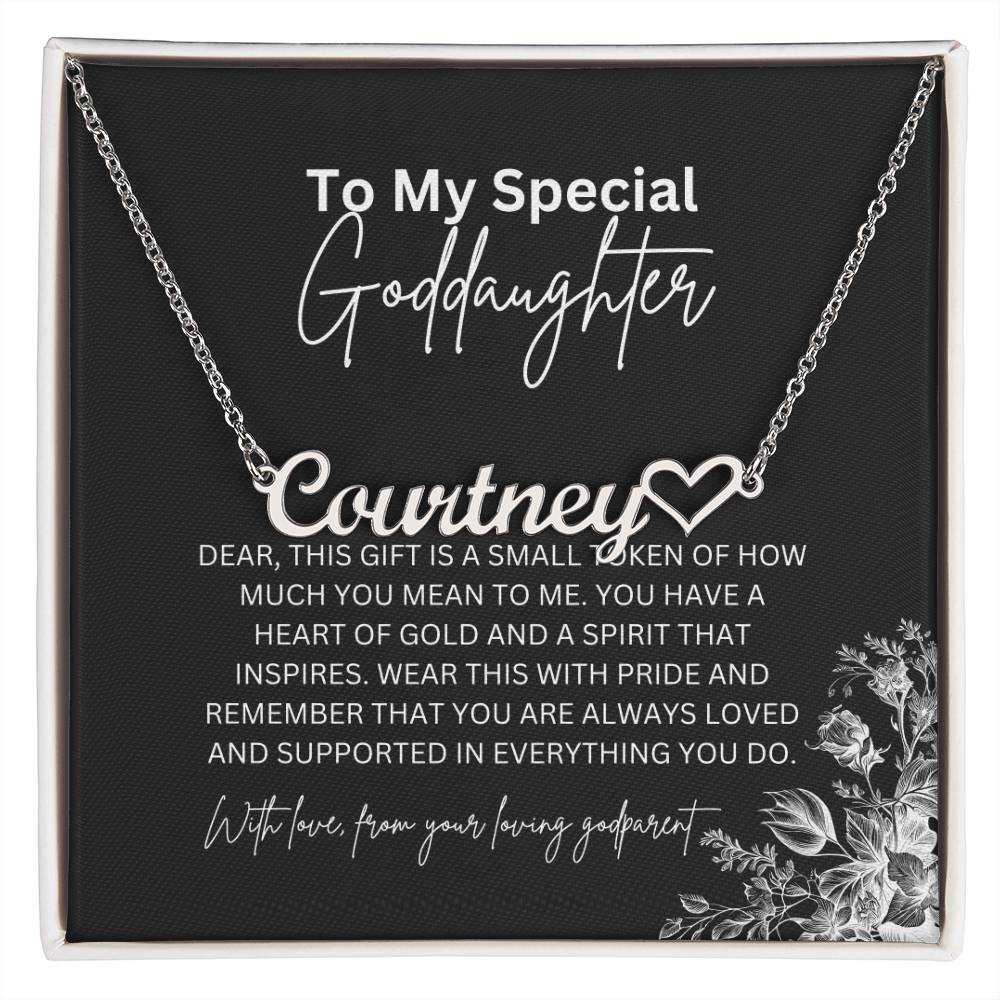 To My Special Goddaughter | Heart Shaped Name Necklace with a Heartfelt Message