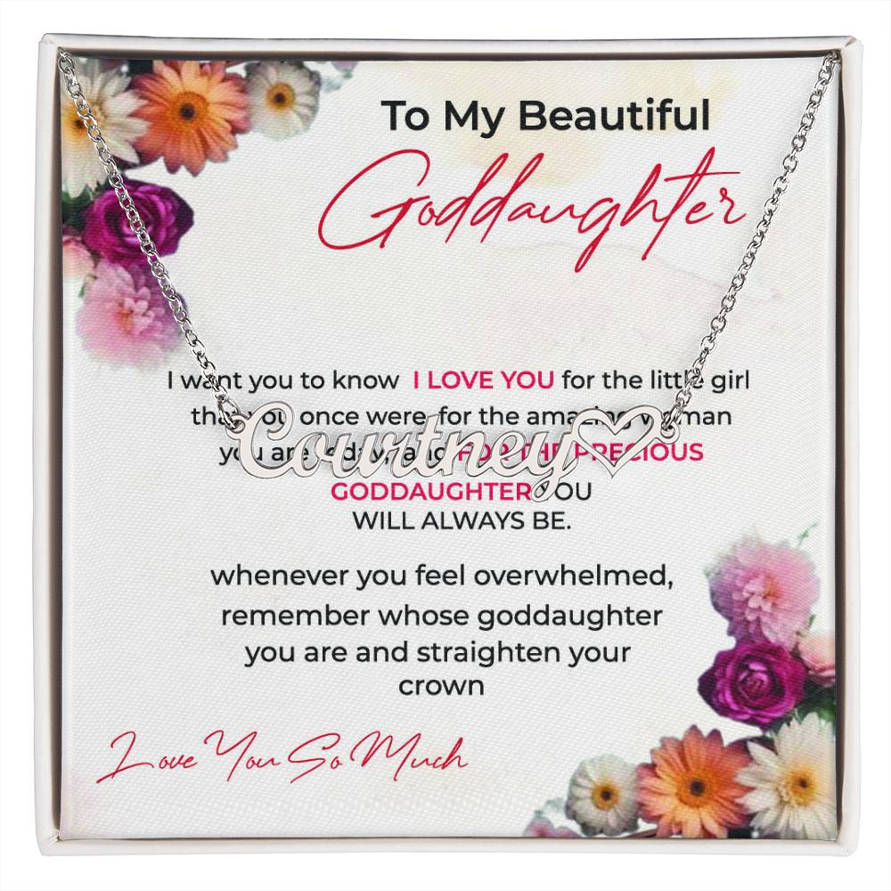 To My Beautiful Goddaughter | Heart Shaped Custom Name Necklace with a Loving Message Card