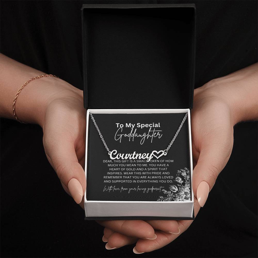 To My Special Goddaughter | Heart Shaped Name Necklace with a Heartfelt Message