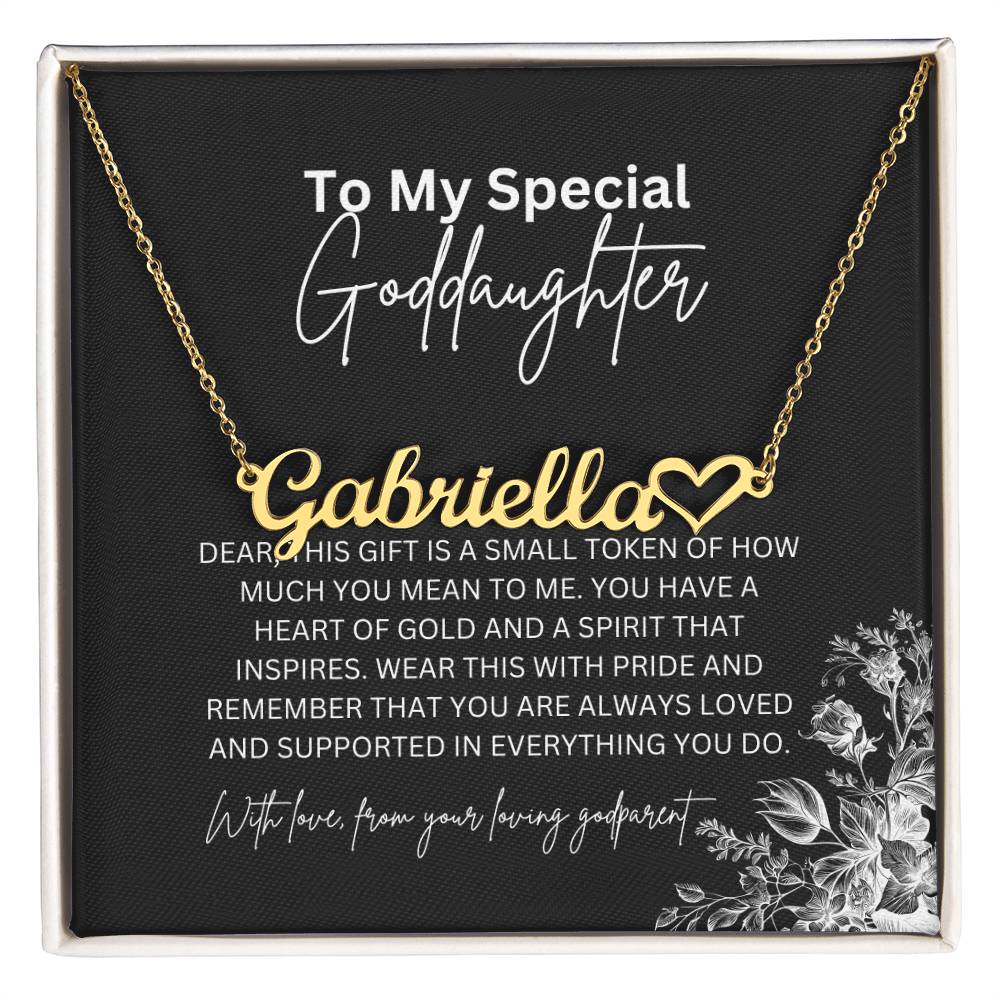 To My Special Goddaughter | Heart Shaped Name Necklace with a Heartfelt Message