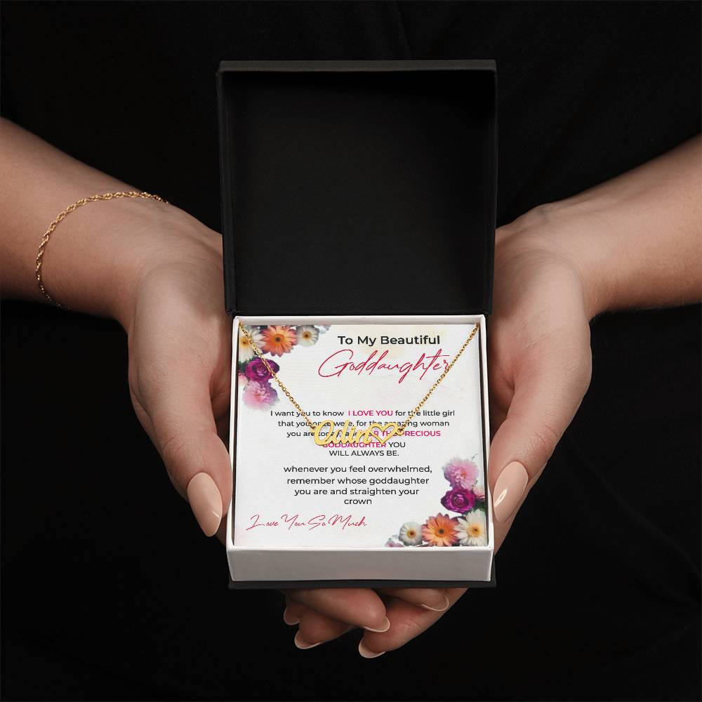 To My Beautiful Goddaughter | Heart Shaped Custom Name Necklace with a Loving Message Card