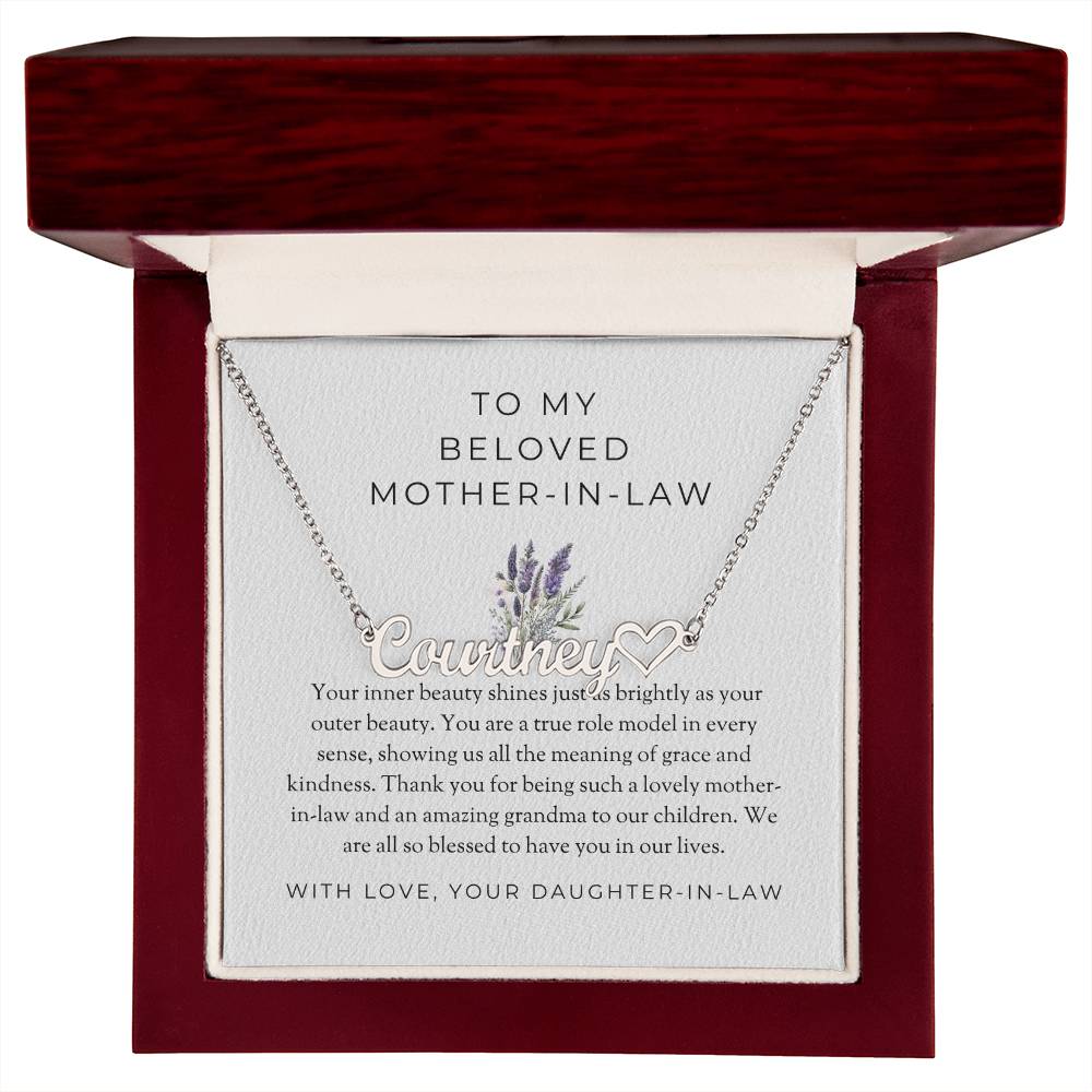 To My Beloved Mother-in-Law | Heart Name Necklace with Heartfelt MessageTo My Beloved Mother-in-Law | Heart-Shaped Custom Name Necklace with Heartfelt Message