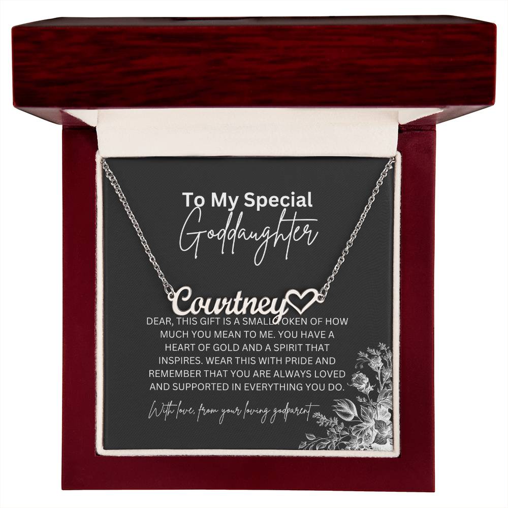 To My Special Goddaughter | Heart Shaped Name Necklace with a Heartfelt Message