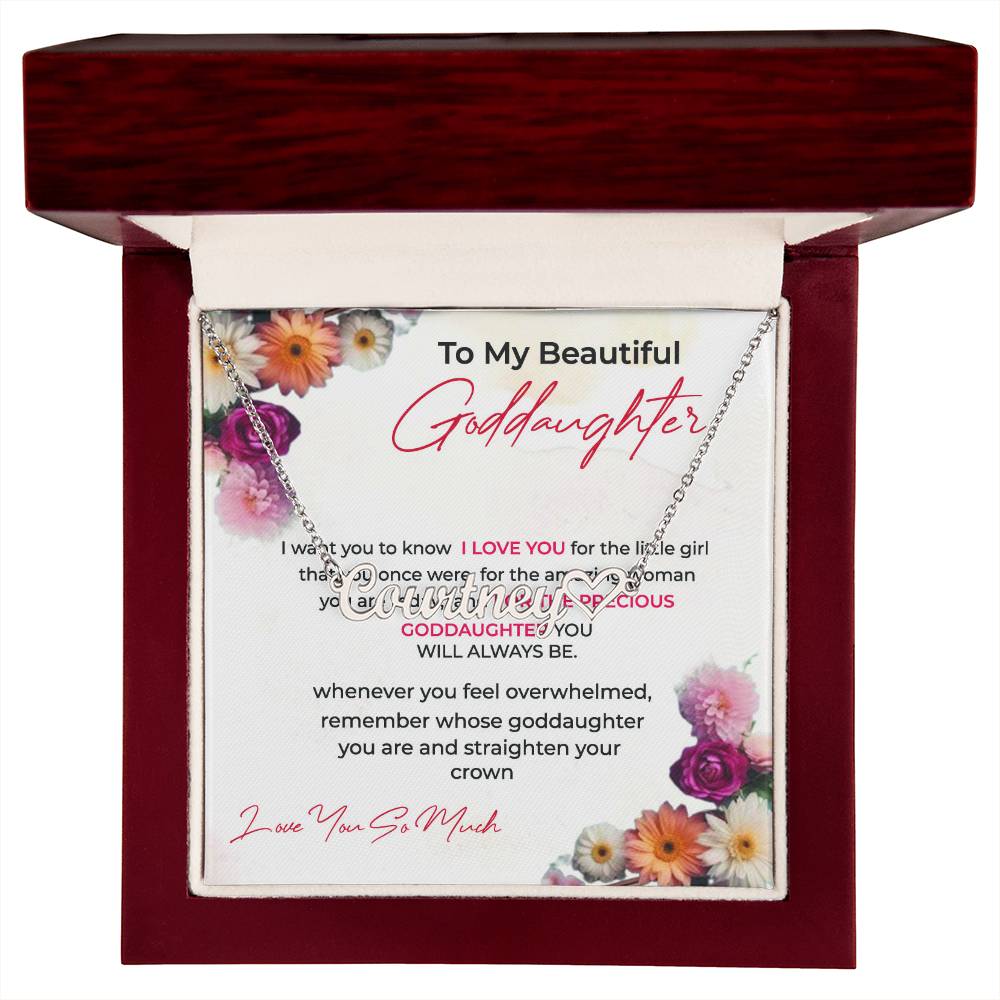 To My Beautiful Goddaughter | Heart Shaped Custom Name Necklace with a Loving Message Card