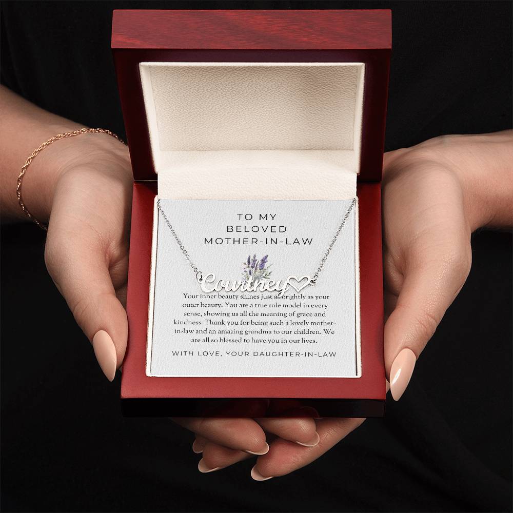 To My Beloved Mother-in-Law | Heart Name Necklace with Heartfelt MessageTo My Beloved Mother-in-Law | Heart-Shaped Custom Name Necklace with Heartfelt Message