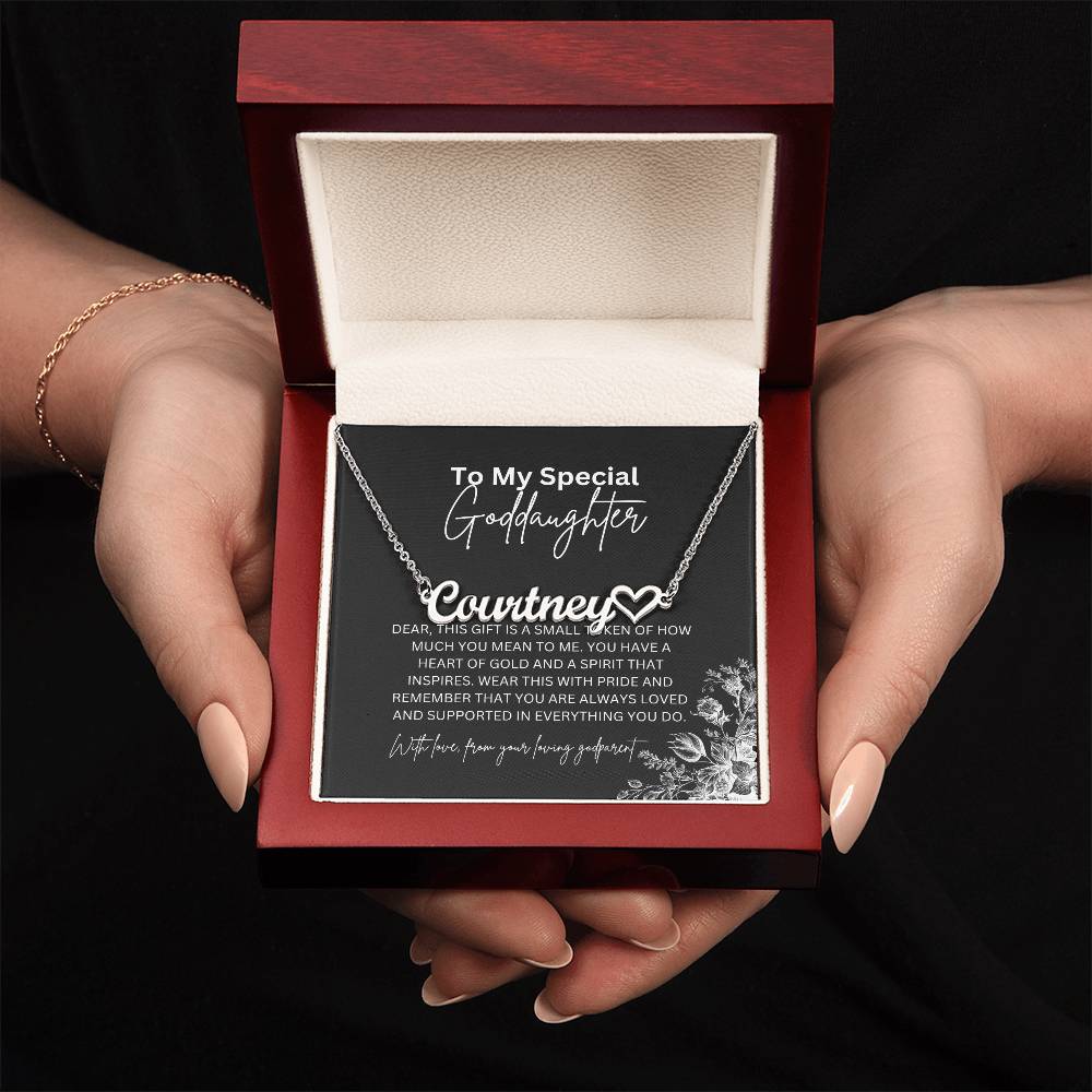 To My Special Goddaughter | Heart Shaped Name Necklace with a Heartfelt Message