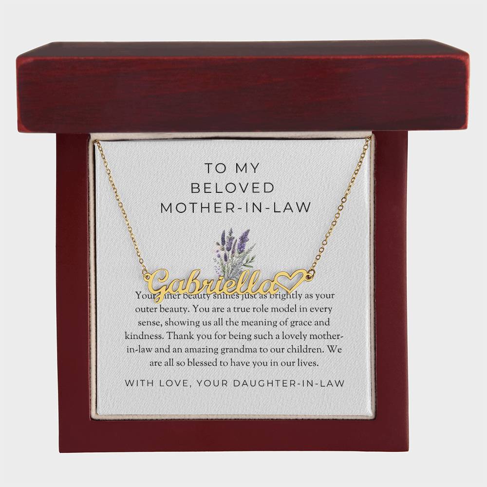 To My Beloved Mother-in-Law | Heart Name Necklace with Heartfelt MessageTo My Beloved Mother-in-Law | Heart-Shaped Custom Name Necklace with Heartfelt Message