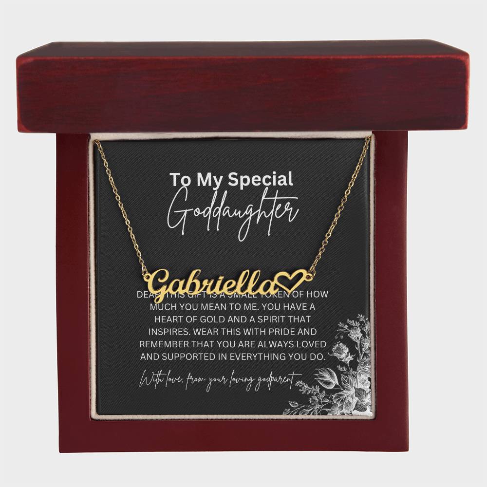 To My Special Goddaughter | Heart Shaped Name Necklace with a Heartfelt Message