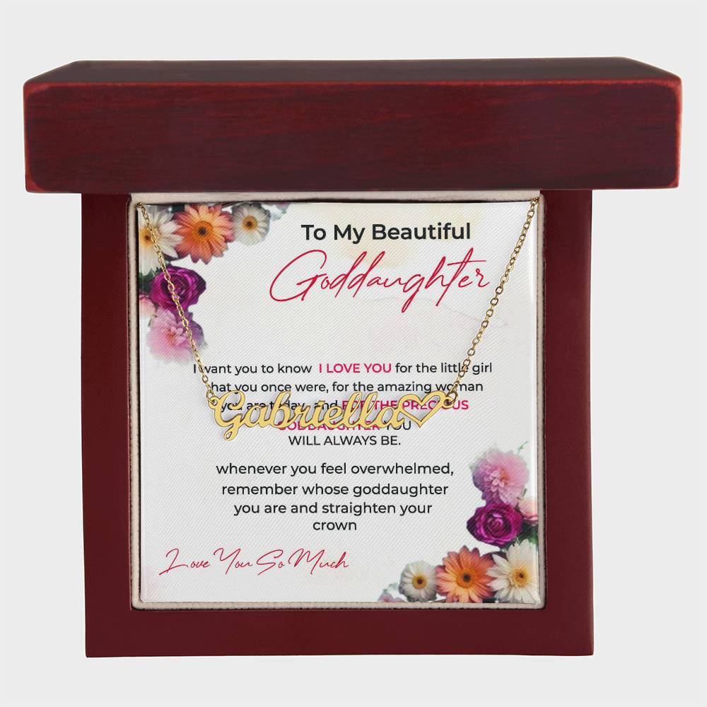 To My Beautiful Goddaughter | Heart Shaped Custom Name Necklace with a Loving Message Card