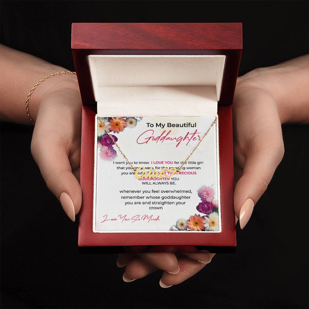 To My Beautiful Goddaughter | Heart Shaped Custom Name Necklace with a Loving Message Card