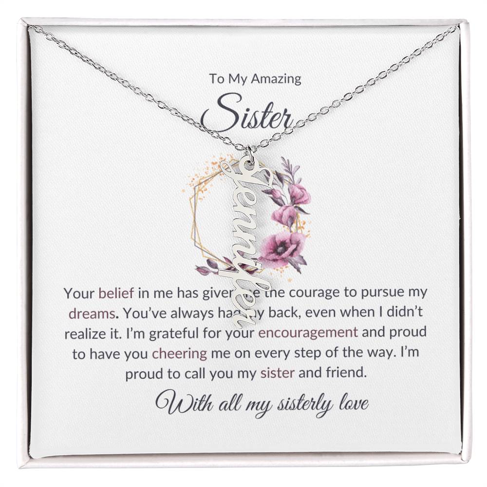 Sisterly Love Vertical Name Jewelry with Greeting Cards | Gift for Sister | Necklace Gift for Sister