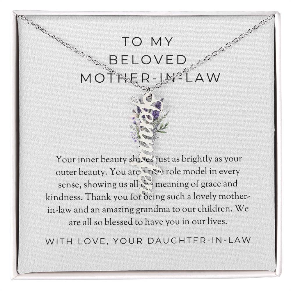To My Beloved Mother-in-Law | Vertical-Shaped Custom Name Necklace with Heartfelt Message