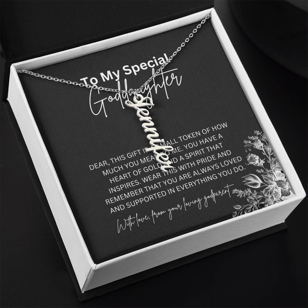 To My Special Goddaughter | Elegant Vertical Name Necklace with a Heartfelt Note