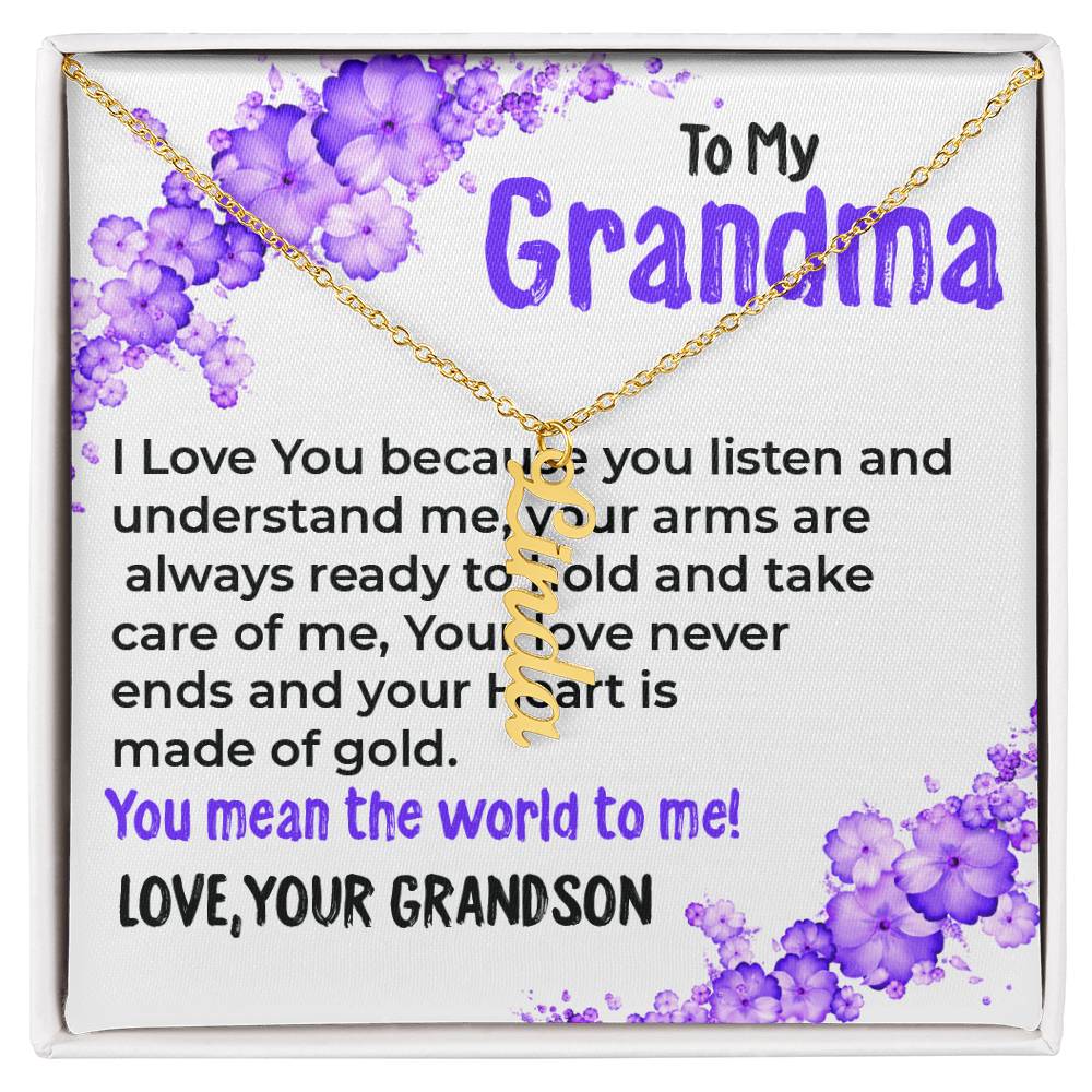 To My Grandma, My World | Vertical Name Necklace Gift from Grandson | Gift for Grandma