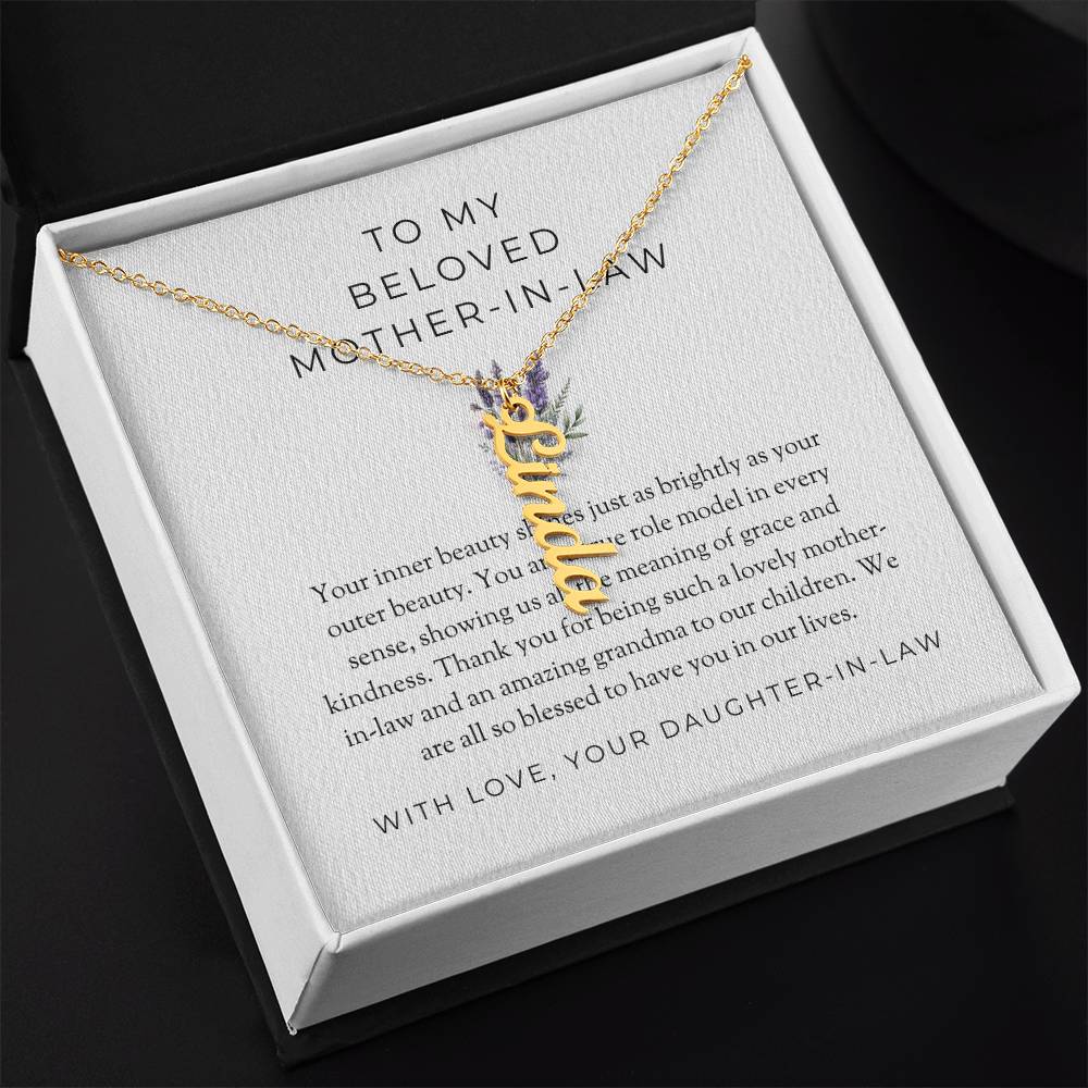 To My Beloved Mother-in-Law | Vertical-Shaped Custom Name Necklace with Heartfelt Message