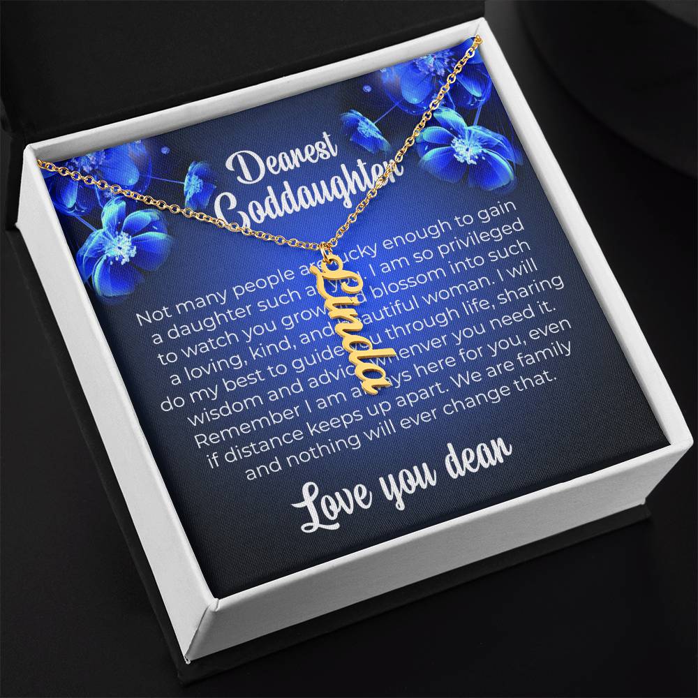 To My Dearest Goddaughter | Vertical Name Necklace with a Special Message Card